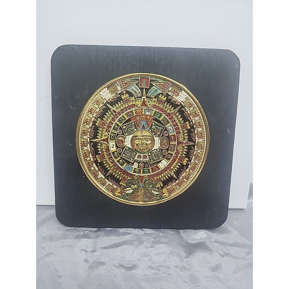 VINTAGE GOLD METAL AZTEC SUN  CALENDAR BLACK WALL PLAQUE 9"x9"